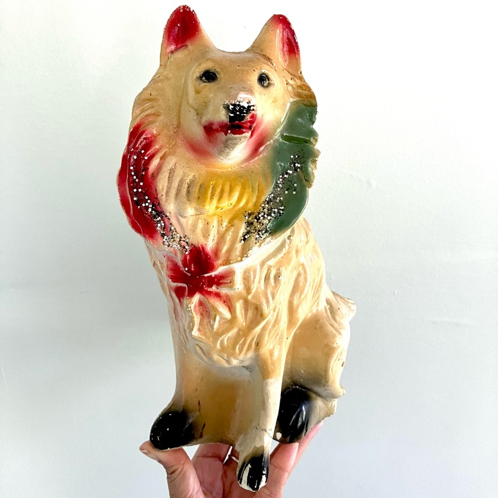 Vintage 50’s Collie puppy dog chalkware carnival prize figure statue decor